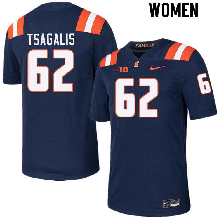 Women #62 Sam Tsagalis Illinois Fighting Illini College Football Jerseys Stitched-Navy